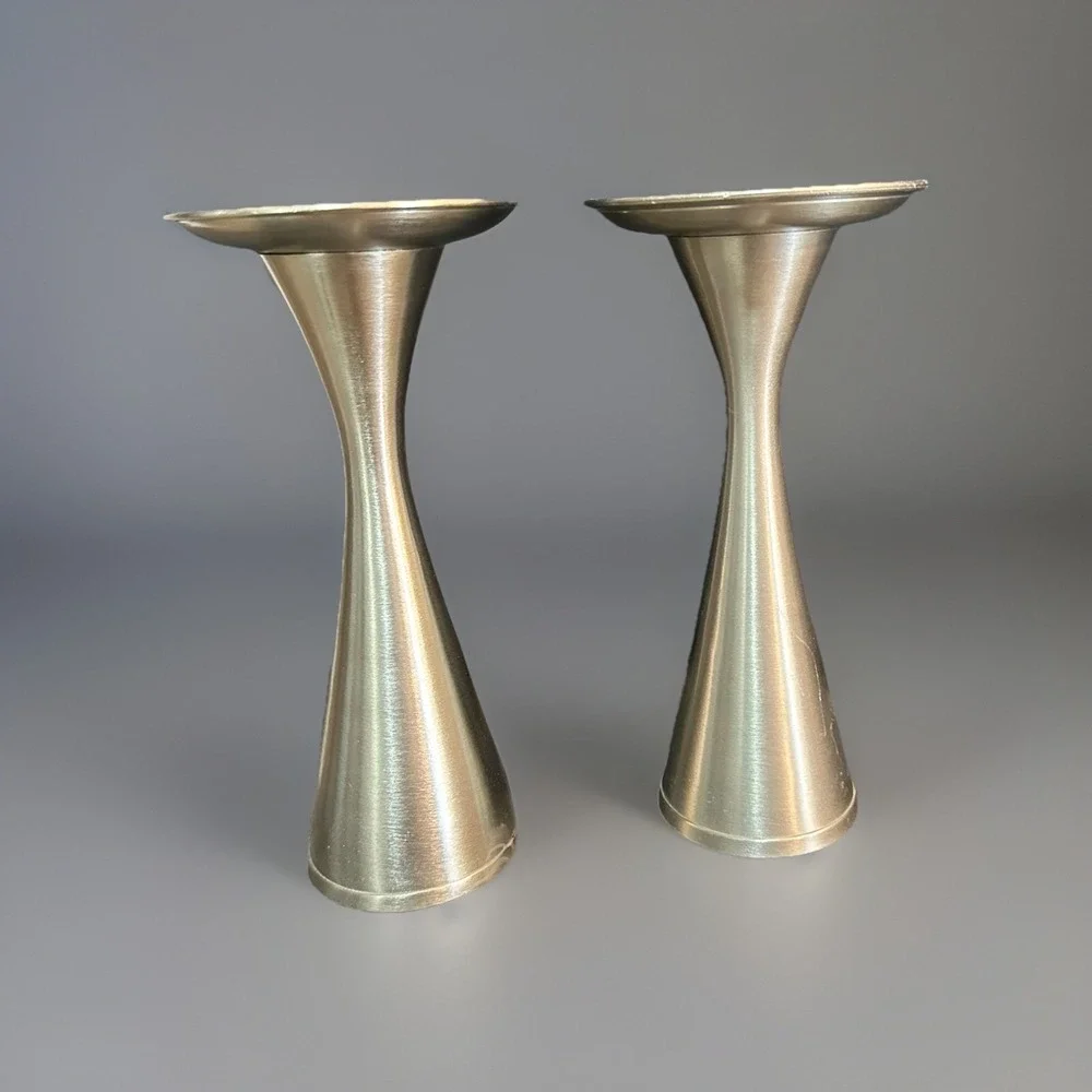 Pair Vintage MCM Candle Holders Brushed Silver‎ Matte Metal Finish 8